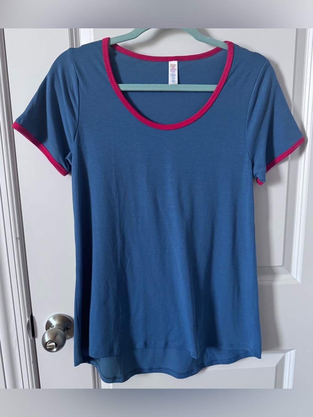 NWOT-LuLaRoe Blue Short Sleeve Scoop Neck Top with Red Trim-XS
